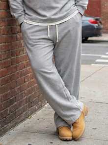Plus Size Men's Drawstring Waist Minimalist Straight Leg Pants, Simple & Fashionable Sportswear - Grey - View 3