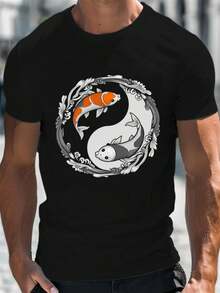 Camiseta negra para hombre con diseño de pez koi yin yang, perfecta para uso casual durante todo el año. Hecha de tela transpirable, esta camiseta vintage de corte ajustado es ideal para el uso diario, salidas de verano y actividades deportivas. - Negro - Ver 6