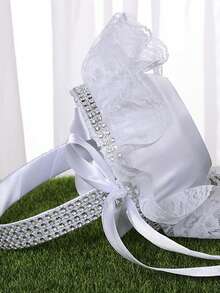 Giỏ hoa cho bé gái bằng ren trắng đính đá, giỏ cưới bằng satin thanh lịch dành cho cô dâu và phù dâu trong lễ cưới. - 1PC - Xem 5