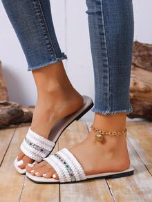 Nuevas sandalias deslizantes tejidas para mujer de verano, sandalias planas de punta cuadrada de alta gama con suela suave para la playa - Beis - Ver 4
