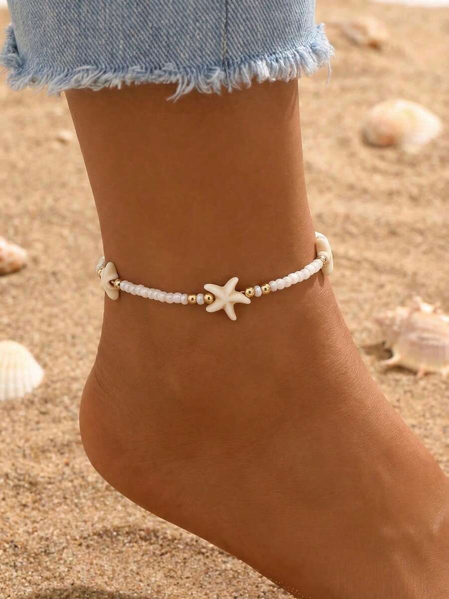1pc Fashionable Vintage Beach Style Natural Starfish Adjustable Rice Bead Anklet Jewelry, Suitable For Travel - Multicolor - View 1