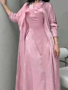 Áo Abaya thời trang nữ Trung Đông mới với họa tiết đính đá tinh tế (mẫu đá ngẫu nhiên) màu hồng mùa xuân - Hồng - Xem 4