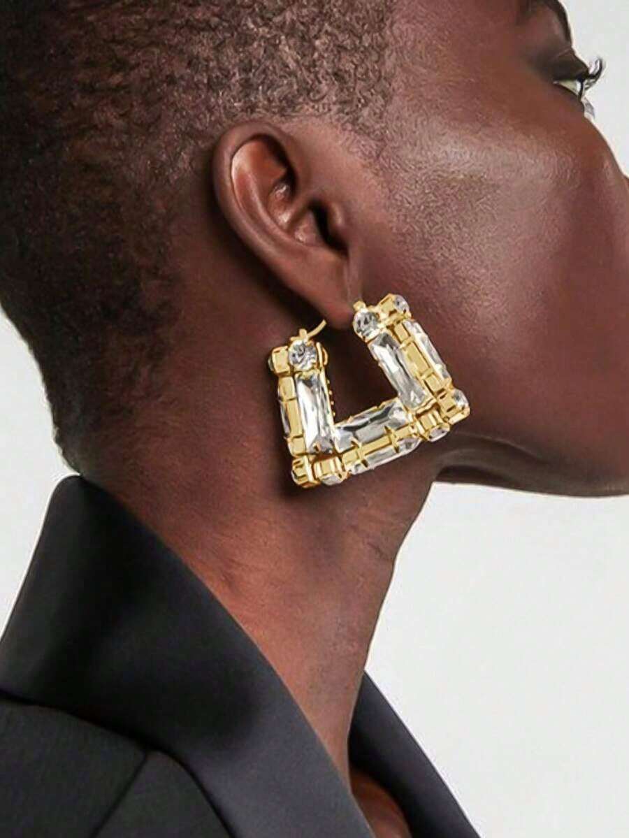 1 Pair Oversized Square CZ Crystal Hoop Earrings, Sparkling Geometric Statement Jewelry Earrings For Women, Wedding Party Gift - Gold - View 1