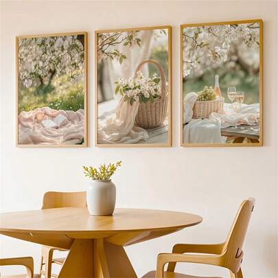 Pósteres de lienzo con estampado de primavera pastel que presentan cestas florales y decoración de pared con impresión de picnic al aire libre, decoración moderna y elegante para el hogar, arte de pared, pinturas de lienzo adecuadas para salas de estar, dormitorios, cocinas, oficinas en el hogar, cafés, bares con marco opcional