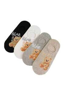 1/4/8双装 浅薄防滑可爱小熊低帮透气时尚百搭女士船袜 - 彩色 - 查看 3