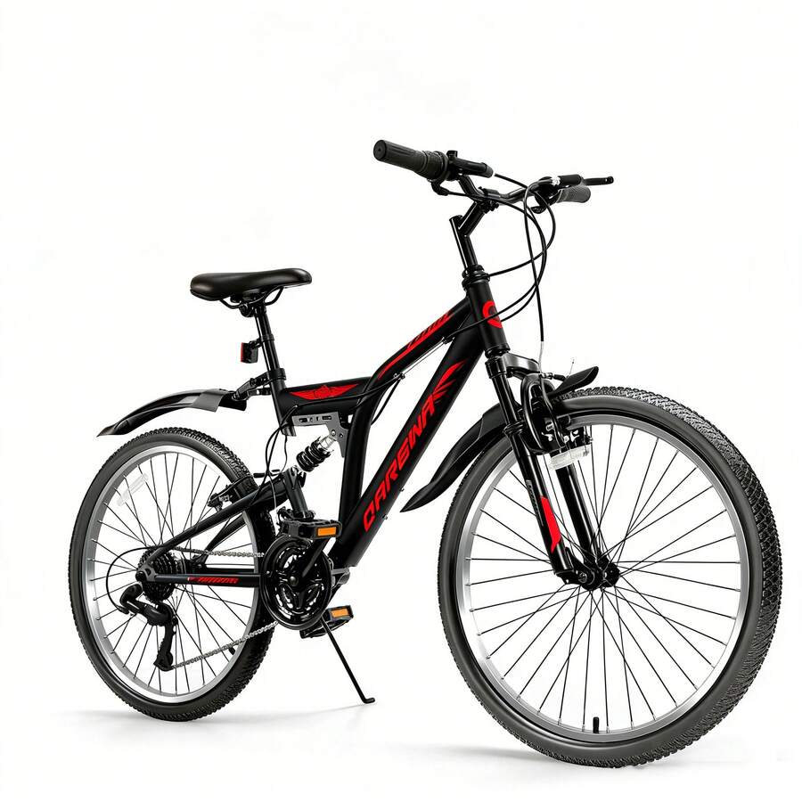 24 Inch Full Suspension Mountain Bike 2 Pack, 21 Speed Mountain Bicycle With High Carbon Steel Frame, Off Road Commuter Bike For Adults, Students, Men And Women, Ideal For Trail Riding And Urban Commuting - 黑色 - 查看 1