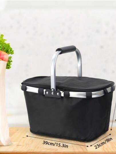 A Large Foldable Shopping Basket With A Handle, Suitable For Picnics Or As A Container.