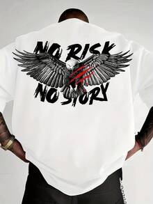 2026 T-shirt con stampa di aquila, con slogan "NO RISK NO STORY" stampato, traspirante e confortevole, design con spalle leggermente abbassate, t-shirt a girocollo, outfit estivo in fibra di poliestere traspirante per uomo - Bianco - Visualizzare 1