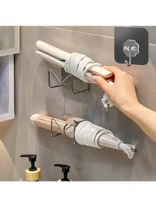 1/2个免钻孔壁挂式卷发棒/直发器支架 | 金属浴室收纳架，可放置美发工具、化妆品和眼镜 | 强力粘胶，可安装在水槽下方 | 完美的万圣节和圣诞节礼物 - 彩色 - 查看 3