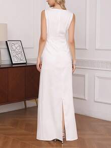 优雅无袖修身长款连衣裙，女士时尚露肩面料，休闲正式礼服，带拉链细节 白色 - 白色 - 查看 5