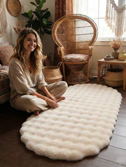 1pc Soft Fluffy Oval Bedside Carpet, Ins Style Light French Pom-Pom Faux Fur Rug, Plush Shaggy Carpet For Bedroom, Home Decor, Holiday, Valentine's Day, Chinese New Year, Living Room, Bedroom, Study, Hallway, Soundproof, Easy Care, All Season