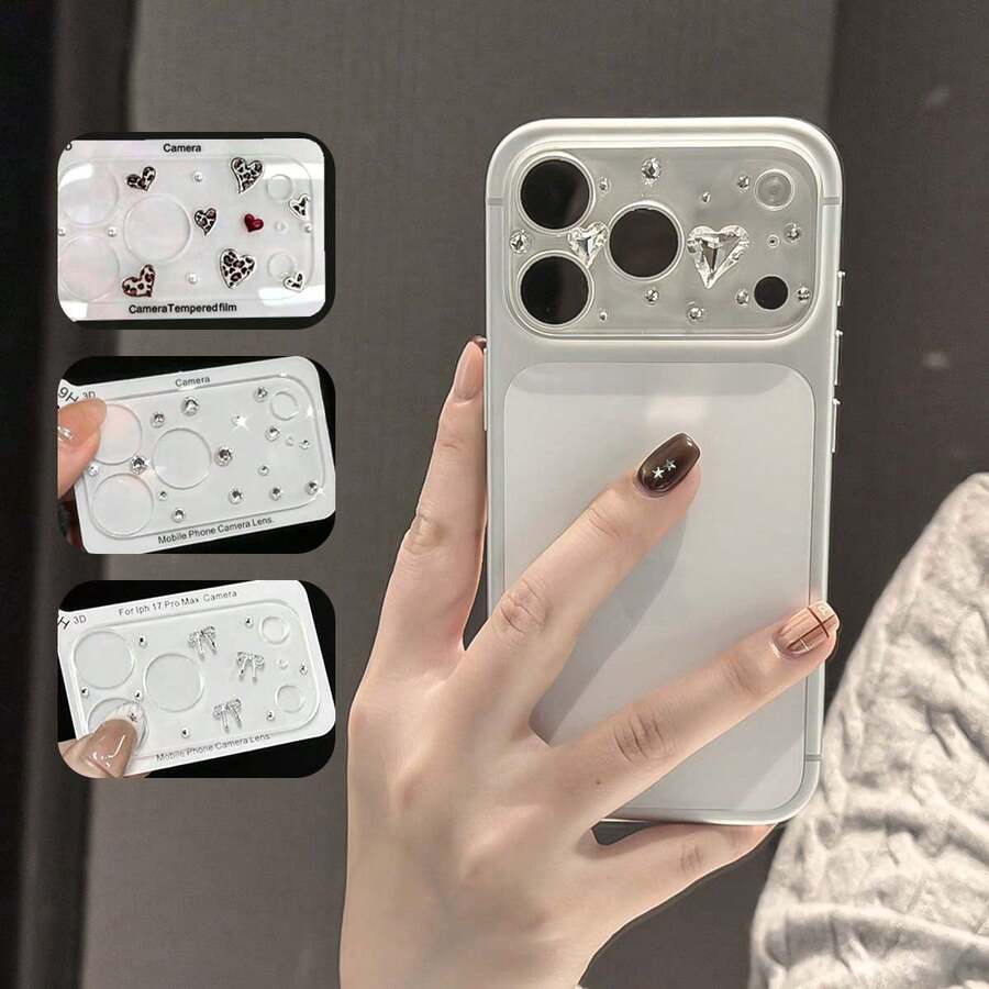 适用于 17 Pro Max 的奢华 3D 心形钻石镜头膜，9H 钢化玻璃防刮花，全覆盖摄像头保护 - 彩色 - 查看 1