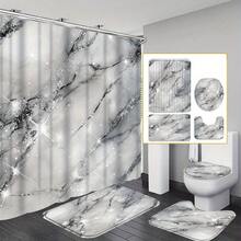 Marble Pattern Shower Curtain Set With 12 Hooks, Water-Resistant Polyester Knit Fabric, Wipe Clean, Includes U-Shaped Toilet Mat, Lid Cover, And Rug - Modern Bathroom Decor - A - View 3