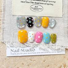 Retro Polka Dot Cat Eye Press On Nails| 10Pcs Rainbow Bubblegum Pop Art Fake Nails| Reusable Full Cover False Nails| Perfect For Daily, Party, Dating & Holiday| Cute Nail Art Tips For Women - S - 查看 2