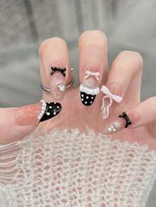 10pcs/Set Press On Nail Art Black Satin Lace Black Powder Bow Sweet And Cool Girlie Pinch Lace Trim Handmade Wearable Nails - Multicolor - View 3