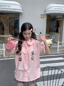 新款春夏女士格子彼得潘领短袖衬衫，刺绣系带休闲甜美格子衬衫 - 粉色 - 查看 8