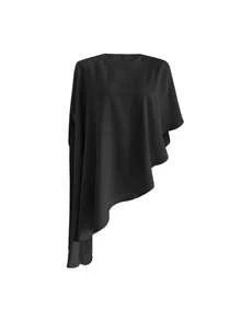 Women's New Fashionable Casual Solid Color Asymmetrical Round Neck Batwing Sleeve Tassel Hem Streetwear Versatile Top, Spring/Summer Black - Black - View 8