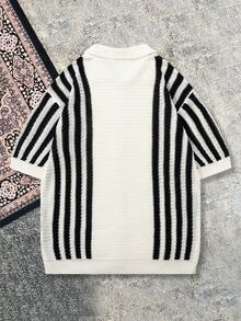 Men's Casual Loose Retro Striped Knit Cardigan, Versatile Business Commute Polo Collar Button Up Sweater, Lightweight Knitted Short Sleeve Cardigan, Beige, Suitable For Spring And Summer - Beige - View 3