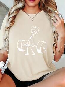 Funny Stick Figure Deadlift Graphic Cotton Tee Women Gym Workout Crew Neck Short Sleeve Loose Fit Black Humorous Fitness Casual Daily Top - 杏色 - 查看 11