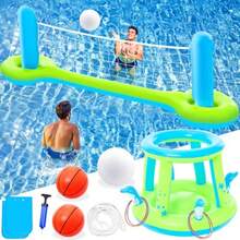 Pool Toys Games Set - 3 in 1 Pool Volleyball Net Basketball Hoop Ring Toss Game Inflatable Floats Water Floating Volleyball Swimming Pools Games Party Gift for Adults GreenandBlue L - Grande - Ver 1