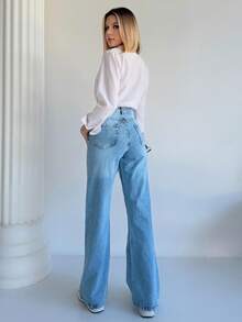 Women High Waist 3 Button Skinny Leg Jeans, Solid Color Pocket Zipper Button - Light Wash - View 3