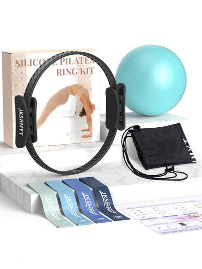 JKSHMYT Silicone Pilates Ring-14.5" Home Pilates Kit With Padded Handles, Mini Ball, Resistance Bands, Guide & Bag, Better Me Pilates Essentials Circle Set For Workouts Women