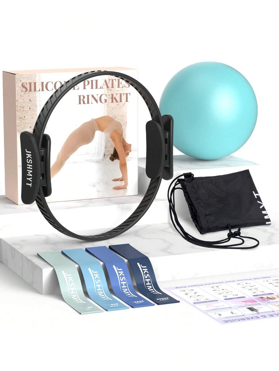 JKSHMYT Silicone Pilates Ring-14.5" Home Pilates Kit With Padded Handles, Mini Ball, Resistance Bands, Guide & Bag, Better Me Pilates Essentials Circle Set For Workouts Women - Black - View 1