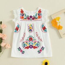 Toddler Baby Infant Girls Summer Cotton Linen Boho Dress Floral Embroidery Square Neck Lace Ruffle Fly Sleeve Sleeveless Summer Beach Sundress Vacation Bohemian Dress A-Line Dress - 紅色 - 查看 3