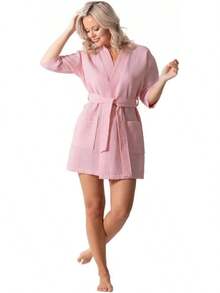 Turkish Cotton Waffle Knit Robe For Women, Lightweight Quick-Dry Short Kimono, Super Soft Spa & Bathrobe With Pockets - Vitt - Visa 2