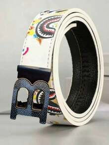 男士黑色B型扣棘轮腰带 - 白色卡通鲨鱼印花可调节滑扣腰带 - 彩色 - 查看 2