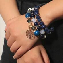 Pulsera personalizada de 3 capas, pulsera elástica multicapa con cuentas de vidrio de colores y textura cerámica, accesorios clásicos - Multicolor - Ver 3