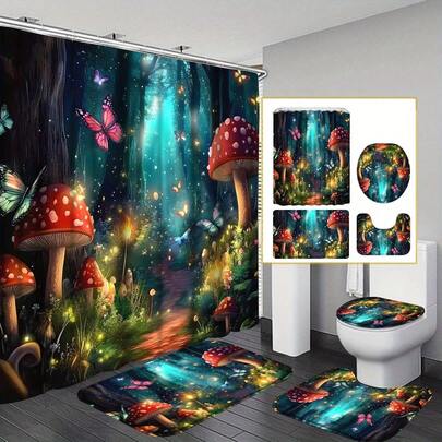 4-Piece Magic Forest Mushroom Shower Curtain Set, Fairy Garden Wooden Bathroom Set (Includes Shower Curtain, Rug, And Accessories), Fireflies & Butterfly Floral Shower Curtain (Includes Bath Mat Set And 12 Hooks), Bathroom Shower Curtain (Home Decor)