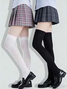1/2 Pairs Black & White Combination High Elasticity Thigh High Socks, Suitable For Women - Multicolor - View 14