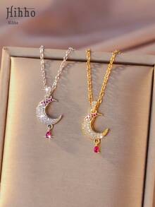 Hihho 1件闪亮星月吊坠项链，优雅锆石镶嵌不锈钢项链，百搭时尚项链，送给朋友的贴心礼物 - 月亮 - 查看 2