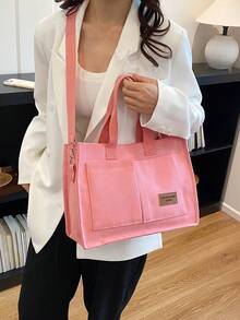 多巴胺帆布手提包，女士大容量多口袋斜挎包，宽肩带，手提包 - 粉色 - 查看 9