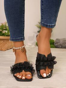 Summer Square Toe Ruffle Slip-On Sandals For Women, Comfortable Daily Commute & Shopping, Pairs Well With Jeans & Skirts, Soft Sole Flattering Feet, Suitable For Beach Vacation, Students & Office Workers - Black - View 2