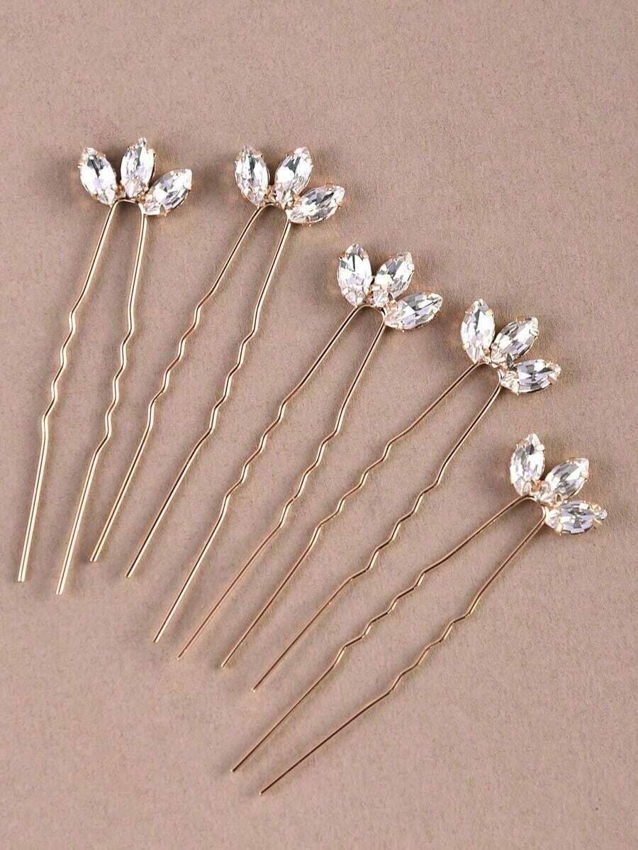 5Pcs Handmade Glass Crystal Hair Fork Set, Nature-Inspired Leaf Shaped Hairpins, Elegant Hair Sticks For Bridal Wedding Party, Valentine's Day Gift For Women Girls - 金子 - 查看 1