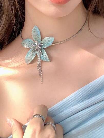 1pc Fashion Floral Crystal Tassel Pendant Necklace, Metal & Crystal Multicolor Pendant Necklace/Earrings, Suitable For Women's Daily, Party, Vacation, Date Wear, Daily Gift