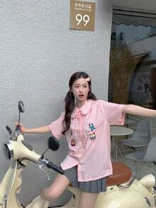 新款春夏女士格子彼得潘领短袖衬衫，刺绣系带休闲甜美格子衬衫 - 粉色 - 查看 9