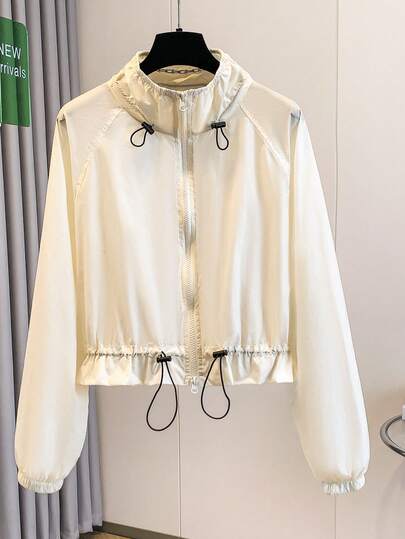 Chaqueta ligera de verano para mujer, cortavientos corto de color crema, cuello alto delgado con cintura ceñida, ropa exterior corta transpirable, casual y versátil