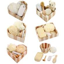 Natural Bamboo Heart-Shaped Wooden Box Bathroom Gift Set - Includes Exfoliating Sponge, Body Brush, Bath Ball And Massage Roller SPA Care Set, Suitable For Personal Use Or Gifting - Multicolor - View 1