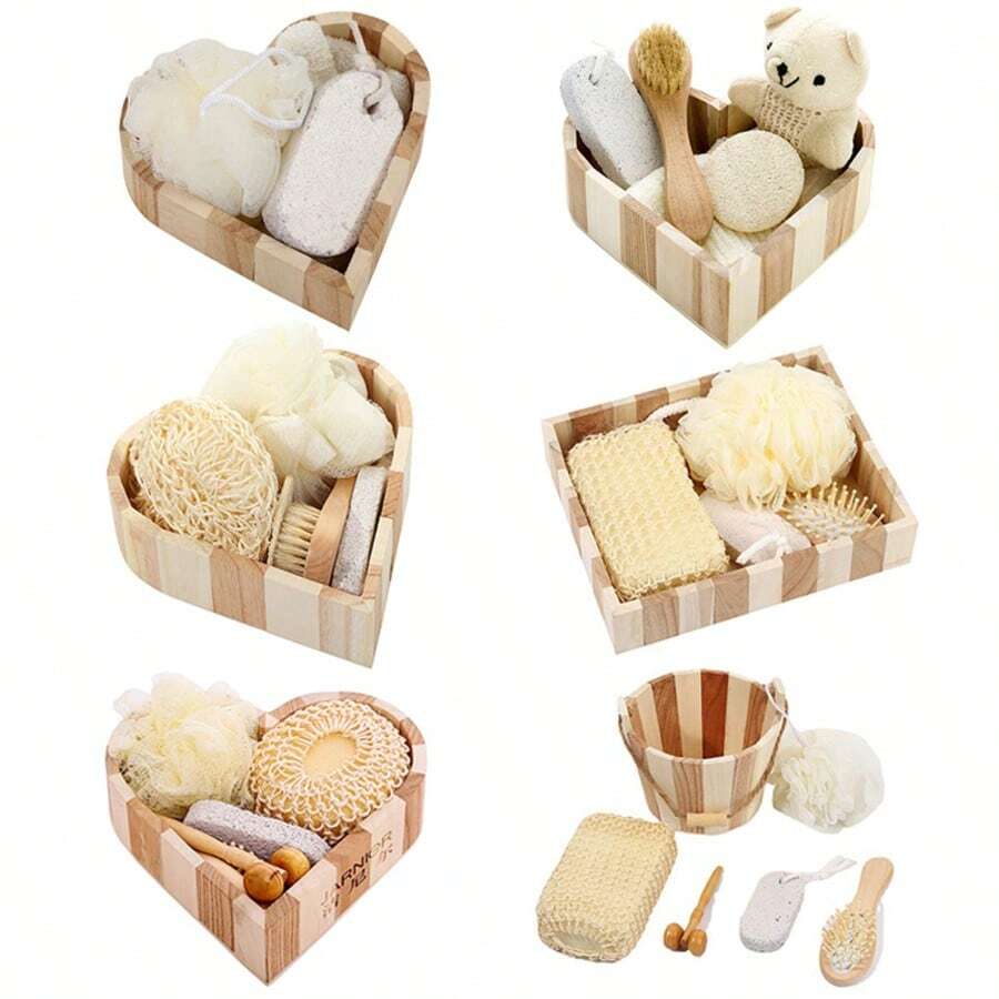 Natural Bamboo Heart-Shaped Wooden Box Bathroom Gift Set - Includes Exfoliating Sponge, Body Brush, Bath Ball And Massage Roller SPA Care Set, Suitable For Personal Use Or Gifting - Multicolor - View 1