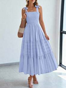 Women's Boho A-Line Maxi Dress, Summer Sleeveless Tie Shoulder Smocked High Waist Long Sundress With Pockets, Casual Dress For Beach Vacation & Holiday Outings - Light Blue - 查看 12