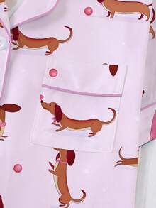 Bộ đồ ngủ nữ 2 món mùa xuân/hè, in hình chó Dachshund ngộ nghĩnh, quà tặng lãng mạn, áo tay ngắn cổ bẻ thoải mái và quần đùi cạp chun, đồ ngủ thích hợp cho tiệc tùng, mặc ngoài trời và ở nhà. - Hồng - Xem 5