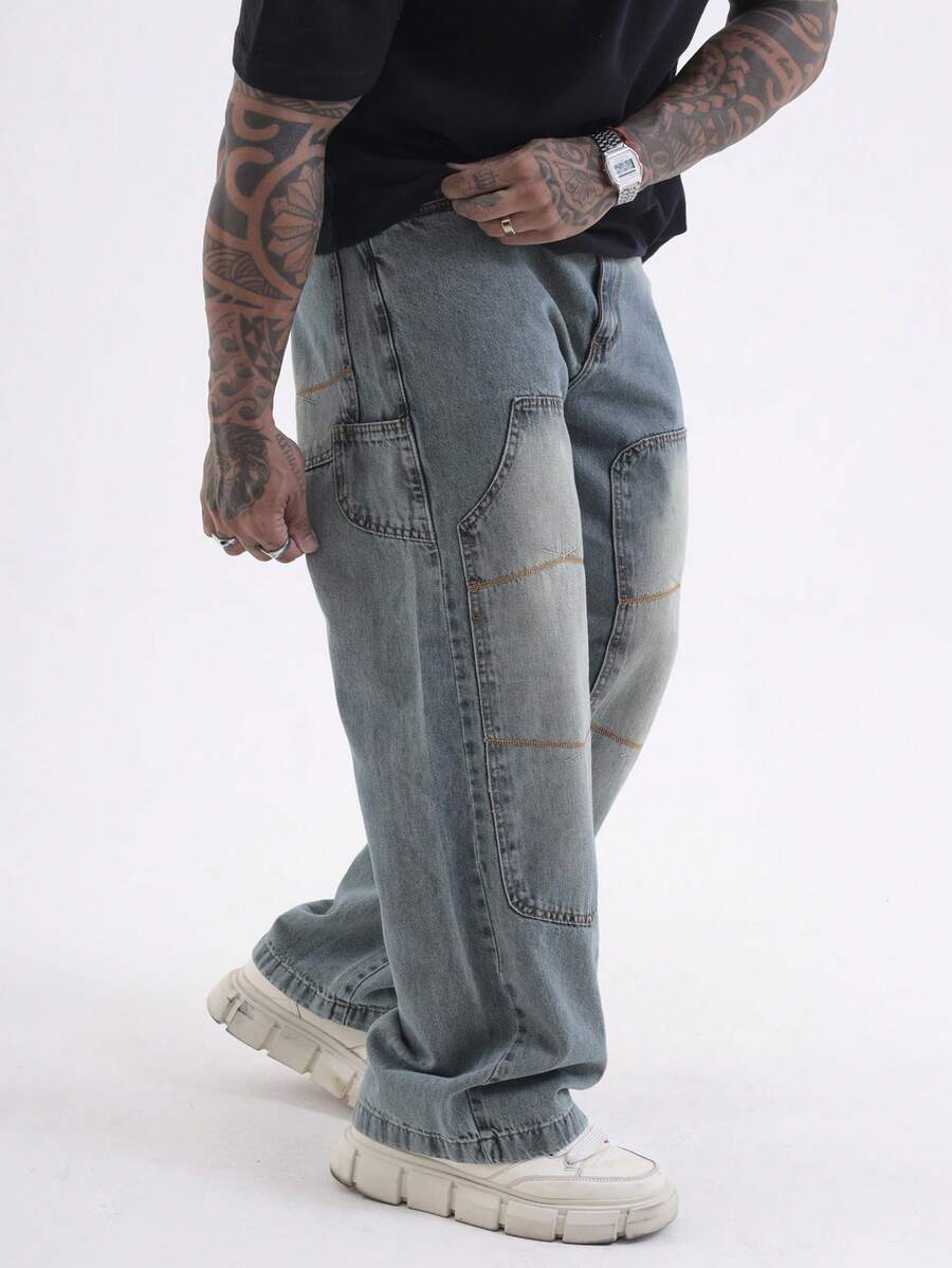 Baggy Carpenter Jeans Men's Wide Leg Pants Without Lycra Ref: 3019 - 中等水洗藍 - 查看 1