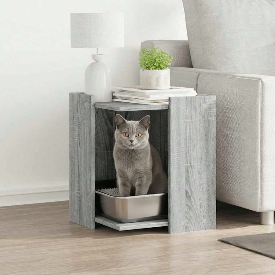 vidaXL Katzenklo Schrank, Katzenschrank Katzentoilette, Beistelltisch Katzenhaus, Katzenmöbel Verstecktes Design, Grau 42x42x51cm Holzwerkstoff