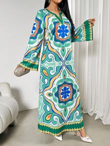 Women's Geometric Pattern V-Neck Long Sleeve Elegant Slit Dress,Elegant Loose Flowy Robe, Luxury Arabic Style Ruffle Sleeve Lightweight Breathable Casual Vacation Abaya Robe Gown, Summer Holiday Outfits , Beach Vacation Outfits,Birthday Outfits,Graduation Outfit,Wedding Party Outfit - Multicolor - View 5