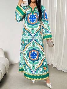 Women's Geometric Pattern V-Neck Long Sleeve Elegant Slit Dress,Elegant Loose Flowy Robe, Luxury Arabic Style Ruffle Sleeve Lightweight Breathable Casual Vacation Abaya Robe Gown, Summer Holiday Outfits , Beach Vacation Outfits,Birthday Outfits,Graduation Outfit,Wedding Party Outfit - Multicolor - View 1