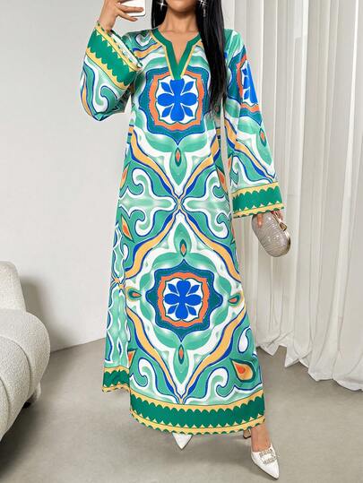 Women's Geometric Pattern V-Neck Long Sleeve Elegant Slit Dress,Elegant Loose Flowy Robe, Luxury Arabic Style Ruffle Sleeve Lightweight Breathable Casual Vacation Abaya Robe Gown, Summer Holiday Outfits , Beach Vacation Outfits,Birthday Outfits,Graduation Outfit,Wedding Party Outfit