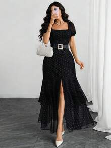 女士法式方领泡泡袖浪漫性感优雅现代波点印花领腰双开衩下摆多层连衣裙，适合约会、度假和日常生活 - 黑色 - 查看 1